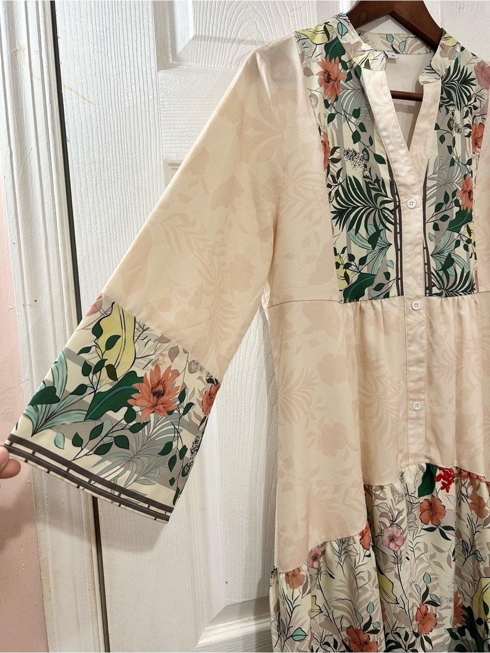 Tropical Floral Border Print Tunic Dress Boho Resort Cream Botanical M Festival - Picture 3 of 4